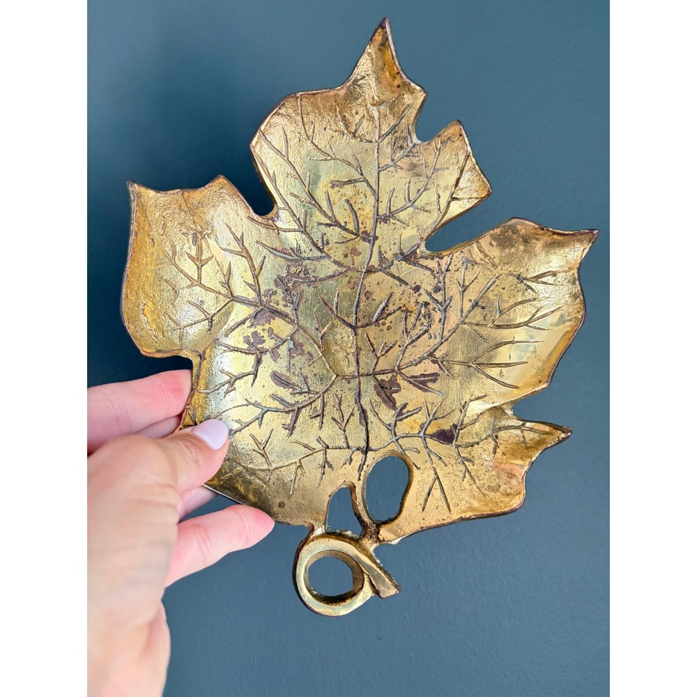 Vintage Brass Maple Leaf Tray Mid Century Gold Metal Catchall Dish